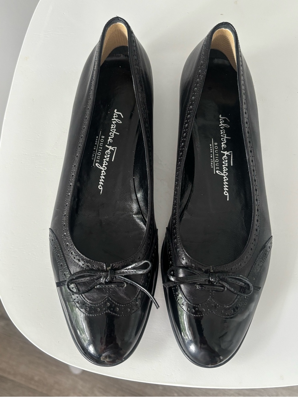 Salvatore Ferragamo Black Patent & Leather Ballet Flats with Bow/Wing Tip